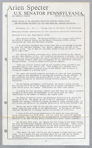Senate passage of the continuing resolution provides authorization for the Missing Children's Act and four other Senator Specter initiatives