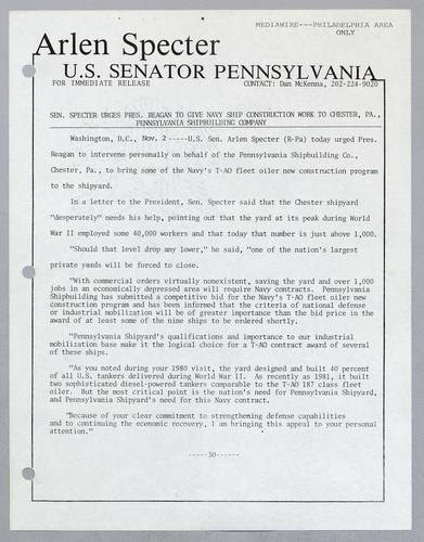 Senator Specter urges President Reagan to give navy ship construction work to Chester, Pennsylvania, shipbuilding company