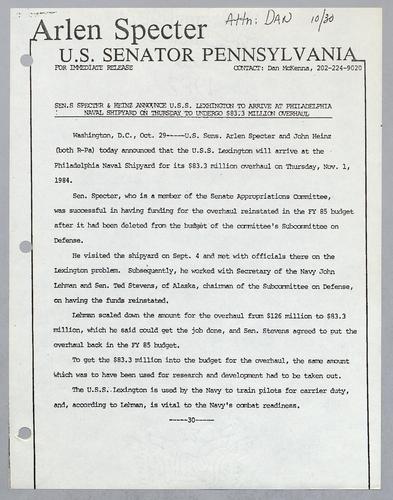 Senators Specter and Heinz announce U.S.S. Lexington to arrive at Philadelphia naval shipyard on Thursday to undergo $83.3 million overhaul