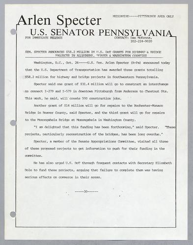 Senator Specter announces $58.2 million in U.S. DOT grants for highway and bridge projects in Allegheny, Beaver, and Washington Counties