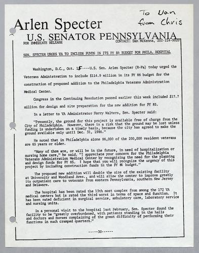 Senator Specter urges VA to include funds in its fiscal year 1986 budget for Philadelphia hospital