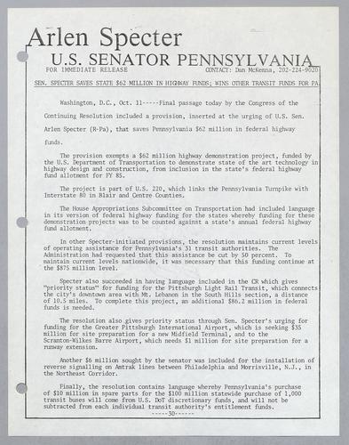 Senator Specter saves state $62 million in highway funds; wins other transit funds for PA