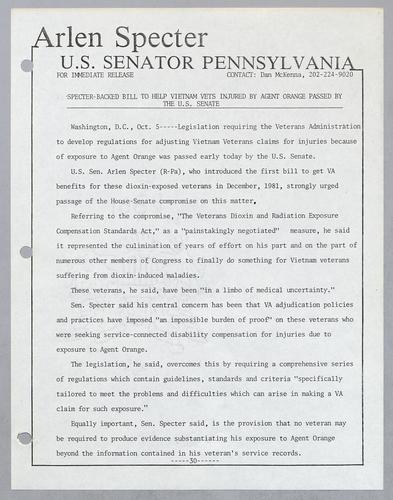 Specter-backed bill to help Vietnam vets injured by Agent Orange passed by the U.S. Senate