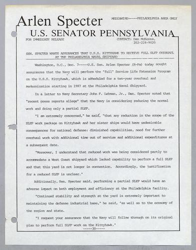 Senator Specter wants assurances that U.S.S. Kittyhawk to receive full SLEP overhaul at the Philadelphia Naval Shipyard