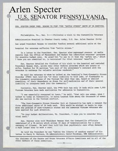 Senator Specter urges President Reagan to fund more "battle stress" units at VA hospital