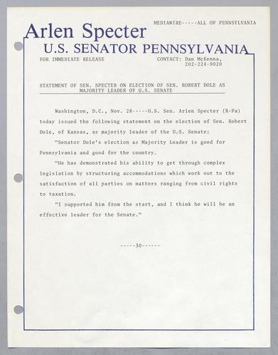 Statement of Senator Specter on election of Senator Robert Dole as majority leader of U.S. Senate