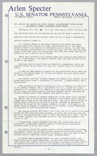 Senator Specter says massive and costly criminal law enforcement system reforms are needed to combat intolerable crime problem