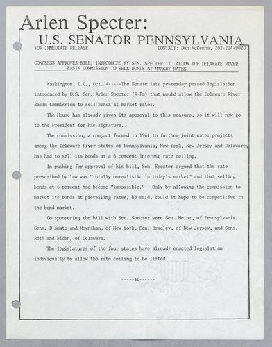 Congress approves bill, introduced by Senator Specter, to allow the Delaware River Basin Commission to sell bonds at market rates