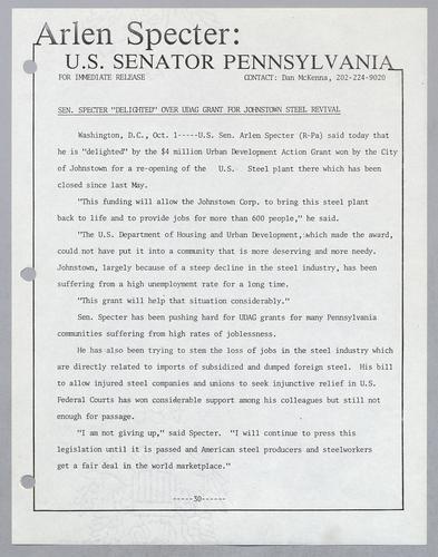 Senator Specter "delighted" over UDAG grant for Johnstown steel revival