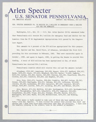 Senator Specter announces PA to receive $4.2 million in emergency food and shelter aid for the homeless
