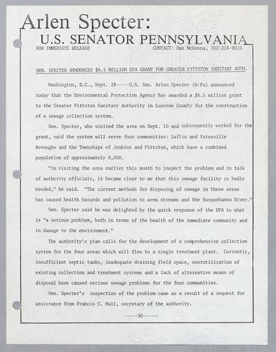 Senator Specter announces $6.5 million EPA grant for Greater Pittston Sanitary Authority