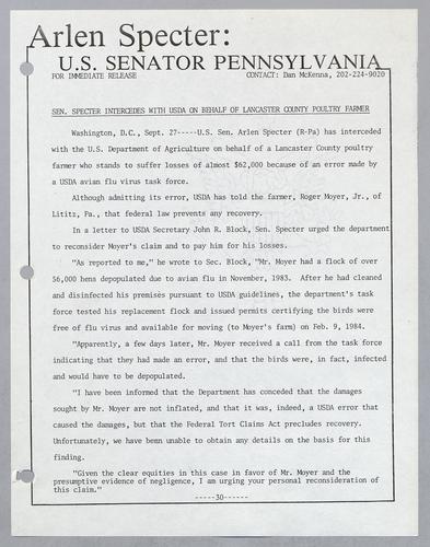 Senator Specter intercedes with USDA on behalf of Lancaster County poultry farmer