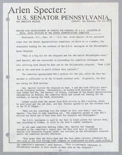 Specter wins reinstatement of funding for overhaul of U.S.S. Lexington at Philadelphia Naval Shipyard by the Senate Appropriations Committee