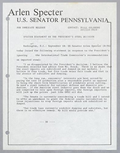 Specter statement on the President's steel decision
