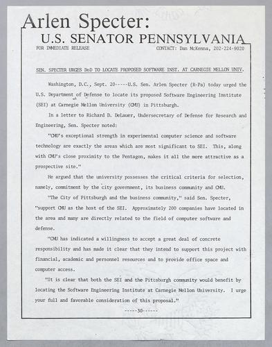 Senator Specter urges DOD to locate proposed software institute at Carnegie Mellon University