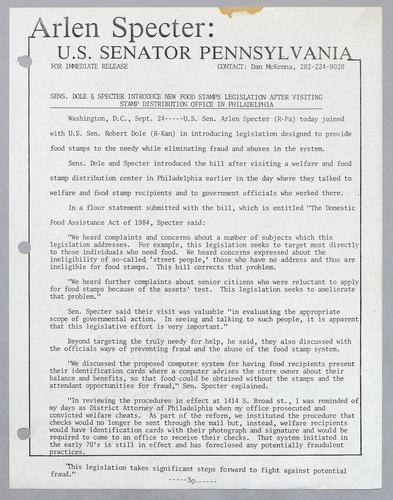 Senators Dole and Specter introduce new food stamps legislation after visiting stamp distribution office in Philadelphia