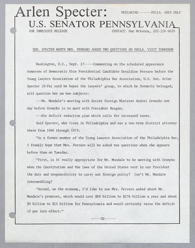 Senator Specter want Mrs. Ferraro asked two questions on Philadelphia visit tomorrow