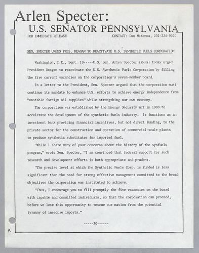 Senator Specter urges President Reagan to reactivate U.S. synthetic fuels corporation
