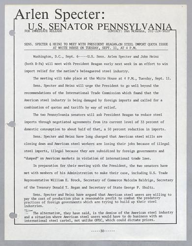 Senators Specter and Heinz to meet with President Reagan on steel import quota issue at White House on Tuesday, September 11, at 4 PM