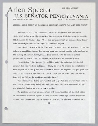 Specter and Heinz seek fiscal year 1985 funding for Allegheny County's PAT light rail project