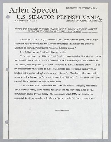 Specter asks President to declare flooded areas in Bedford and Somerset Counties in western Pennsylvania as "federal disaster areas,"