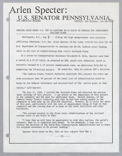 Specter again urges U.S. DOT to continue 80-20 ratio in funding for Johnstown's inclined plane