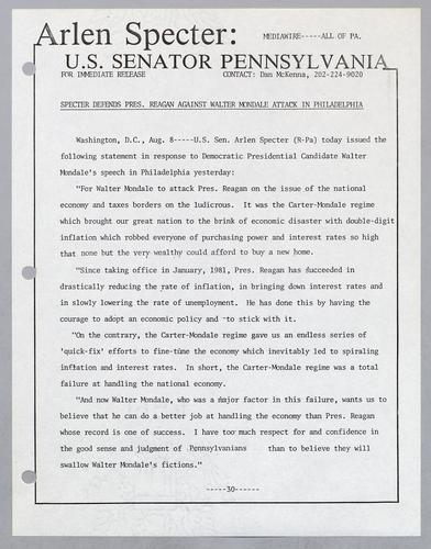 Specter defends President Reagan against Walter Mondale attack in Philadelphia
