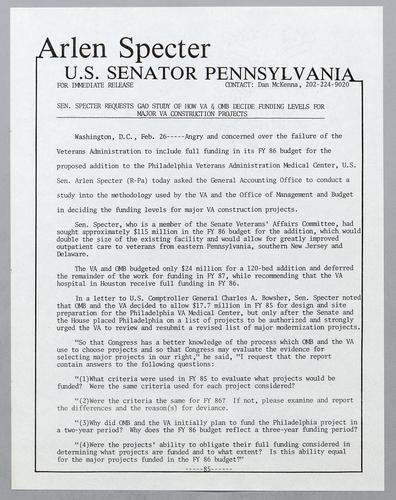 Senator Specter requests GAO study of how VA and OMB decide funding levels for major VA construction projects