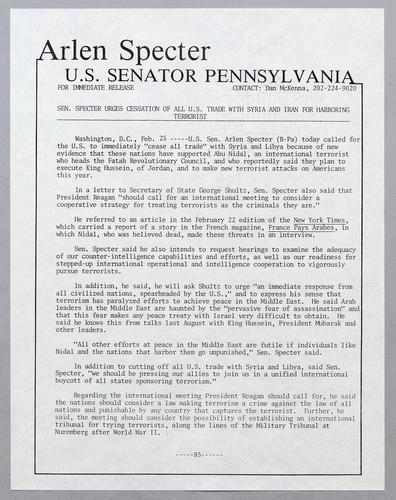 Senator Specter urges cessation of all U.S. trade with Syria and Iran for harboring terrorist