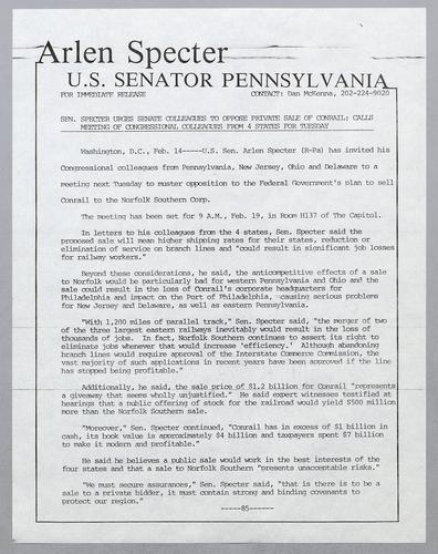 Senator Specter urges Senate colleagues to oppose private sale of Conrail; calls meeting of congressional colleagues for 4 states for Tuesday