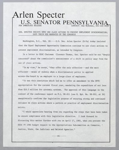 Senator Specter insists EEOC use class actions to prevent employment discrimination; says their use mandated by Congress
