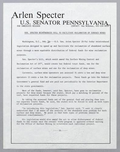 Senator Specter reintroduces bill to facilitate reclamation of surface mines