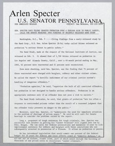 Senator Specter says felons granted probation pose a serious risk to public safety; calls for Senate hearings into findings of recently-released Rand Study