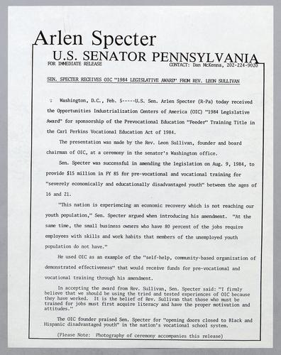 Senator Specter receives OIC "1984 Legislative Award" from reverend Leon Sullivan