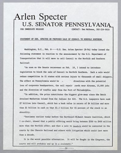 Statement of Senator Specter on proposed sale of Conrail to Norfolk Southern