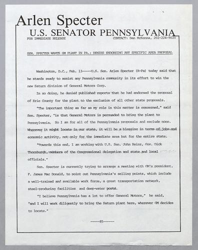 Senator Specter wants GM plant in PA; denies endorsing any specific area proposal