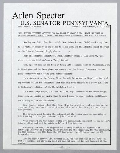 Senator Specter "totally opposed" to any plans to close Philadelphia Naval Shipyard or Defense Personnel Supply Center; has been given assurances this will not happen