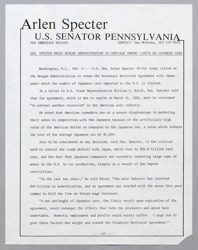 Senator Specter urges Reagan Administration to continue import limits on Japanese cars