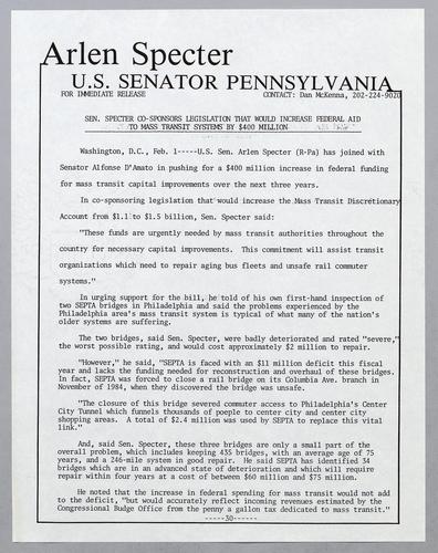 Senator Specter co-sponsors legislation that would increase federal aid to mass transit systems by $400 million