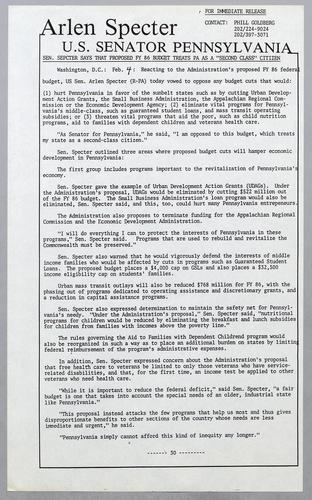 Senator Specter says that proposed fiscal year 1986 budget treats PA as a "second class" citizen