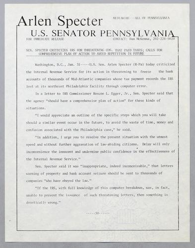 Senator Specter criticizes IRS for threatening companies that paid taxes; calls for comprehensive plan of action to avoid repetition in the future