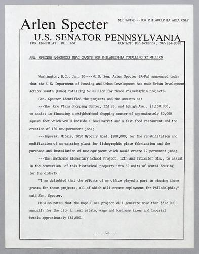 Senator Specter announces UDAG grants for Philadelphia totaling $2 million