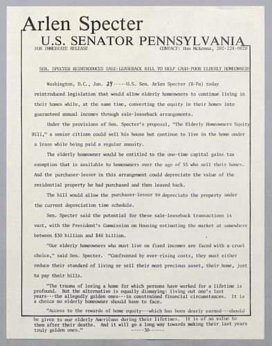Senator Specter reintroduces sale-leaseback bill to help cash-poor elderly homeowners