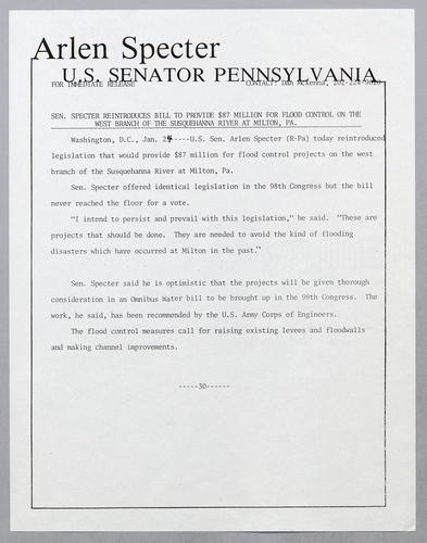 Senator Specter reintroduces bill to provide $87 million for flood control on the west branch of the Susquehanna River at Milton, PA