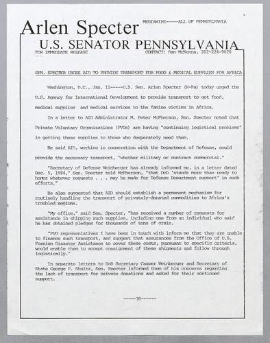 Senator Specter urges aid to provide for food and medical supplies for Africa