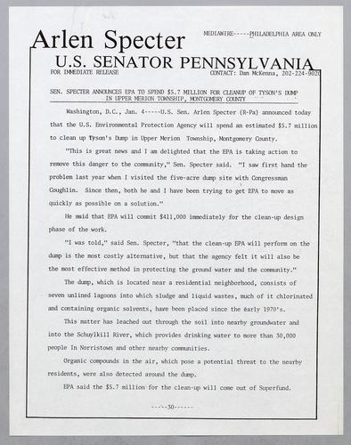 Senator Specter announces EPA to spend $5.7 million for cleanup of Tyson's dump in Upper Merion Township, Montgomery County