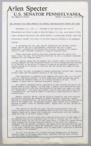 Senator Specter's bill would prohibit pro football team relocations without just cause