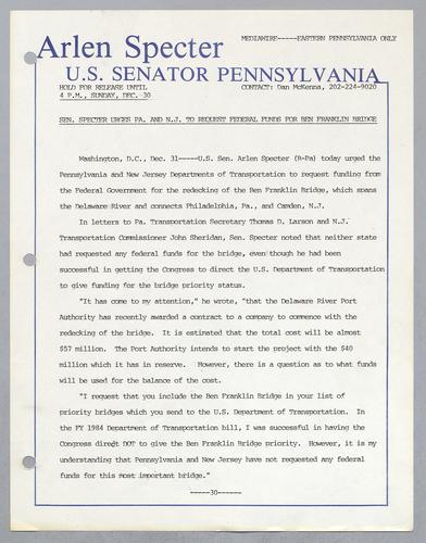 Senator Specter urges Pennsylvania and New Jersey to request federal funds for Ben Franklin Bridge