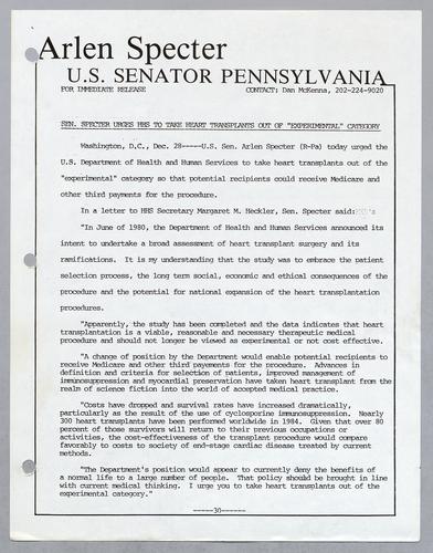 Senator Specter urges HHS to take heart transplants out of "experimental" category