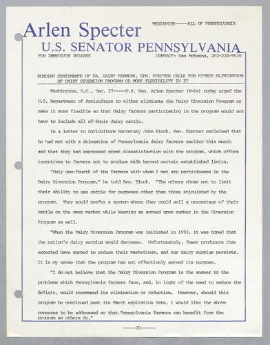 Echoing sentiments of PA dairy farmers, Senator Specter calls for either elimination of dairy diversion program or more flexibility in it